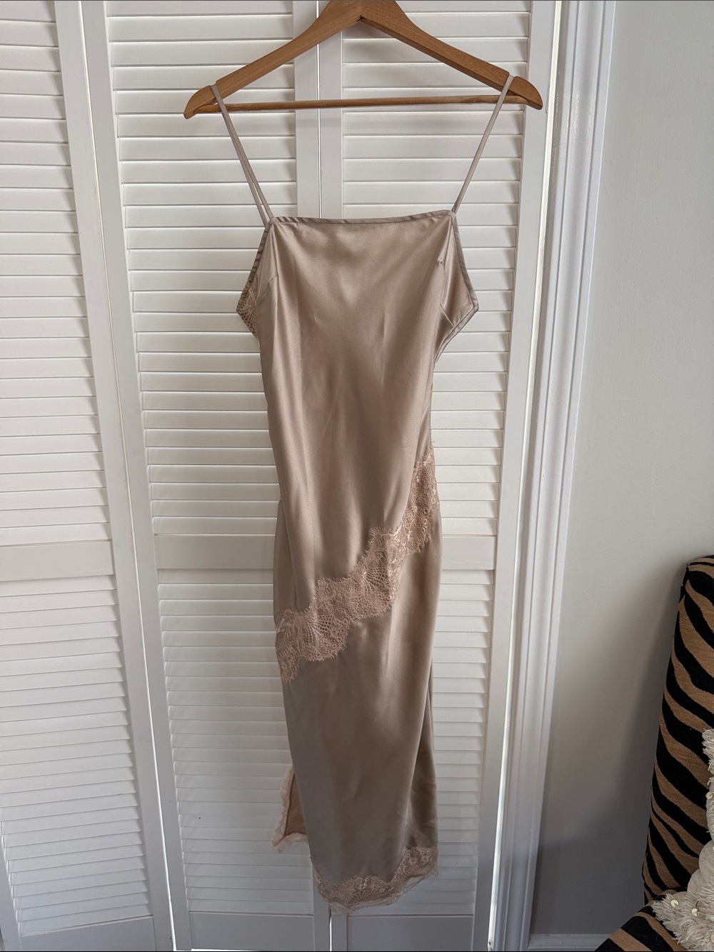 Anthropologie Satin Lace-Trim Slip Dress - Champagne